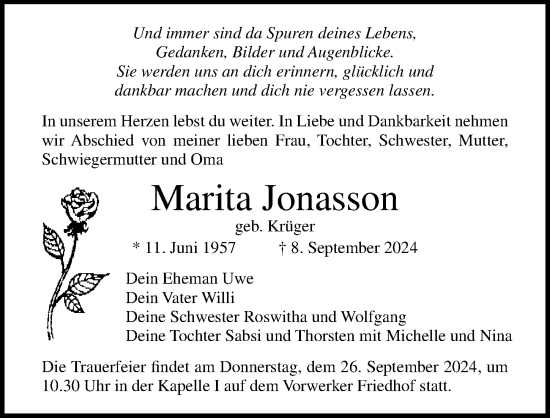 Traueranzeige von Marita Jonasson von Lübecker Nachrichten