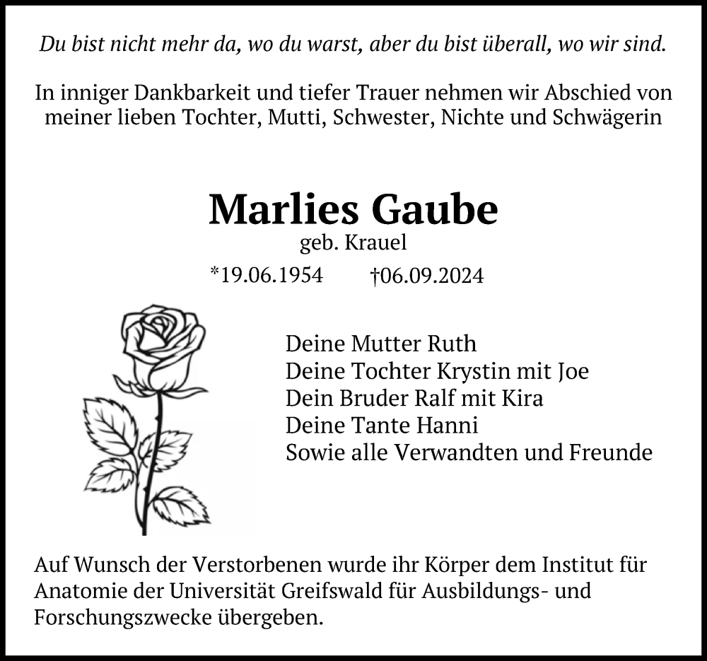  Traueranzeige für Marlies Gaube vom 14.09.2024 aus Ostsee-Zeitung GmbH