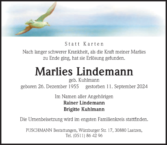 Traueranzeige von Marlies Lindemann von Hannoversche Allgemeine Zeitung/Neue Presse