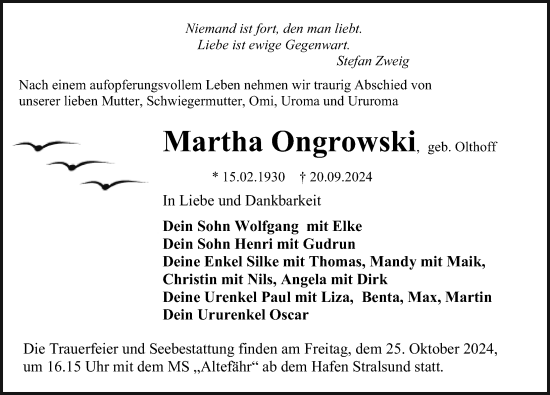 Traueranzeige von Martha Ongrowski von Ostsee-Zeitung GmbH