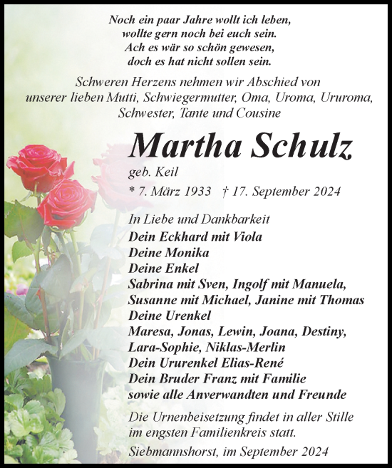 Traueranzeige von Martha Schulz von Wochenspiegel