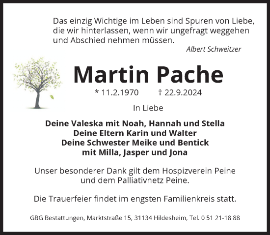 Traueranzeige von Martin Pache von Peiner Allgemeine Zeitung