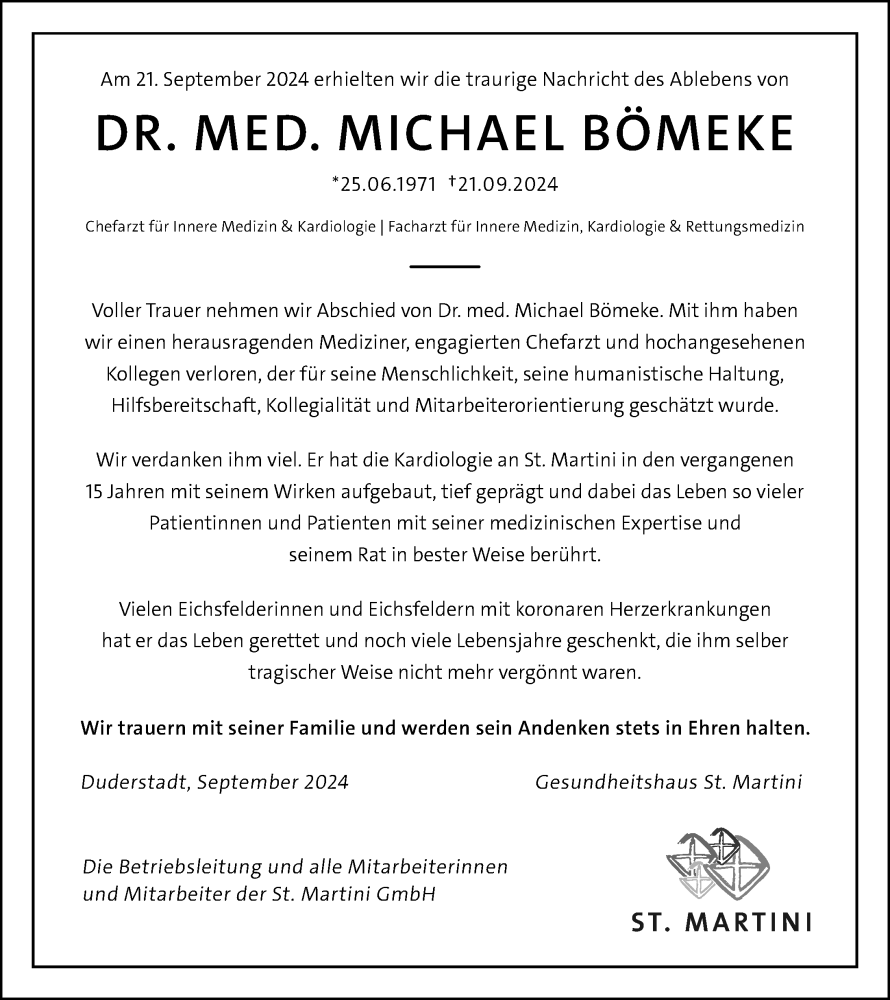  Traueranzeige für Michael Bömeke vom 28.09.2024 aus Eichsfelder Tageblatt