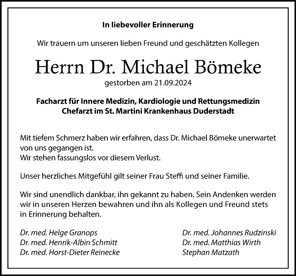  Traueranzeige für Michael Bömeke vom 28.09.2024 aus Göttinger Tageblatt