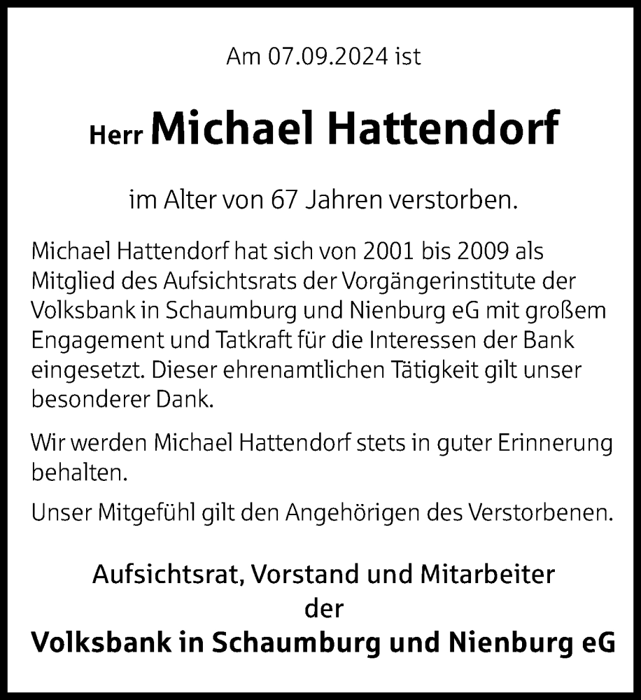  Traueranzeige für Michael Hattendorf vom 14.09.2024 aus Schaumburger Nachrichten und Schaumburger Zeitung/ Landes-Zeitung