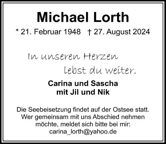 Traueranzeige von Michael Lorth von Lübecker Nachrichten