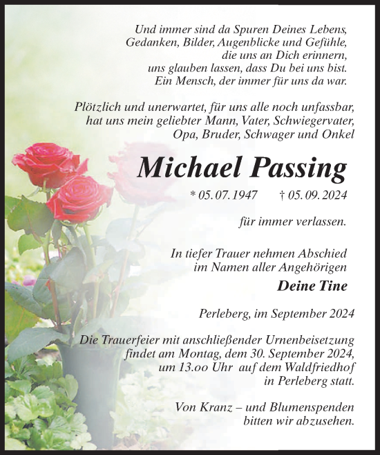 Traueranzeige von Michael Passing von Wochenspiegel