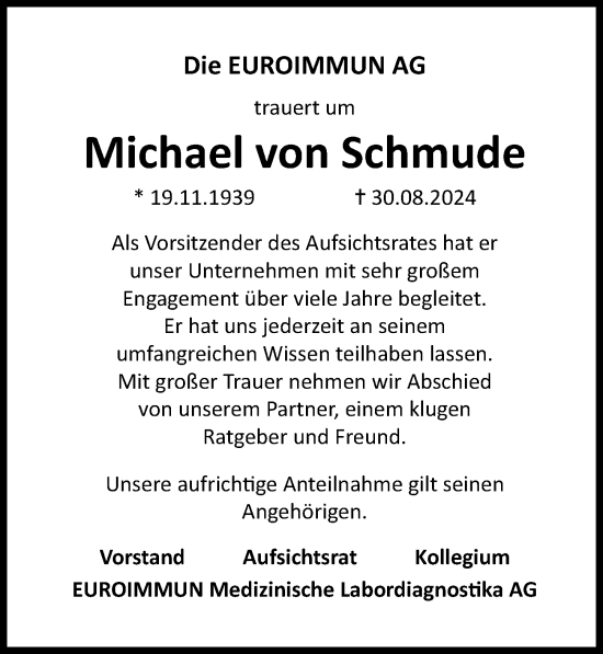 Traueranzeige von Michael von Schmude von Lübecker Nachrichten