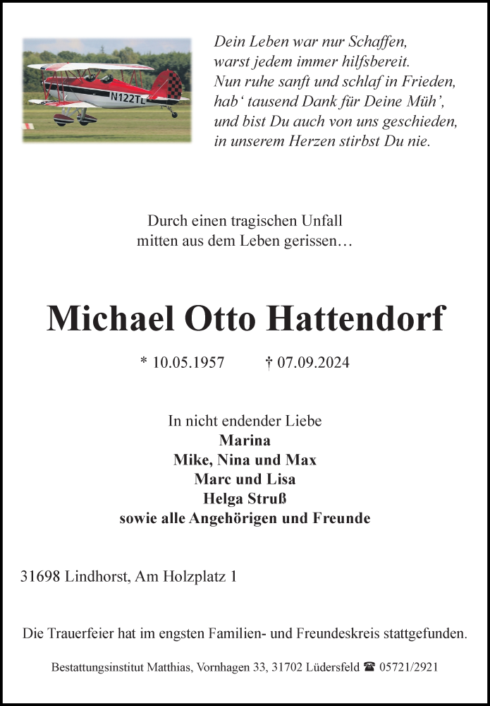  Traueranzeige für Michael Otto Hattendorf vom 14.09.2024 aus Schaumburger Nachrichten