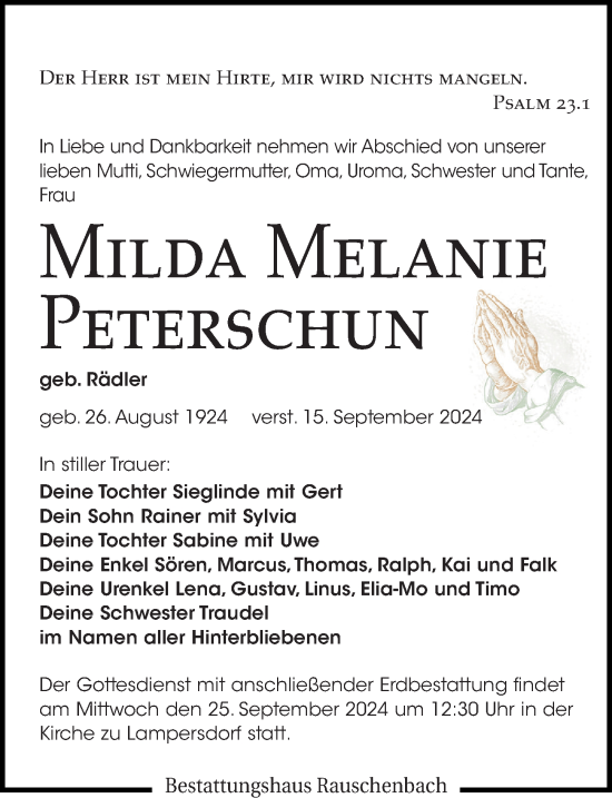 Traueranzeige von Milda Peterschun von Leipziger Volkszeitung