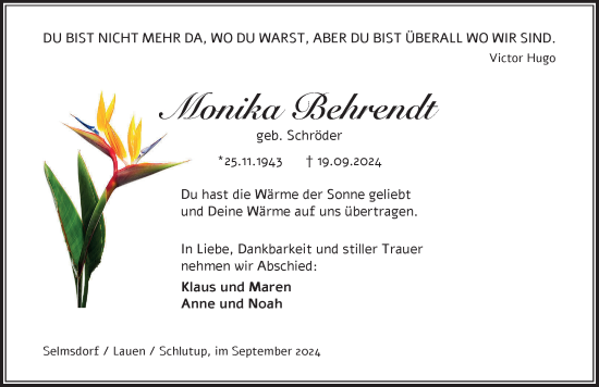 Traueranzeige von Monika Behrendt von Lübecker Nachrichten