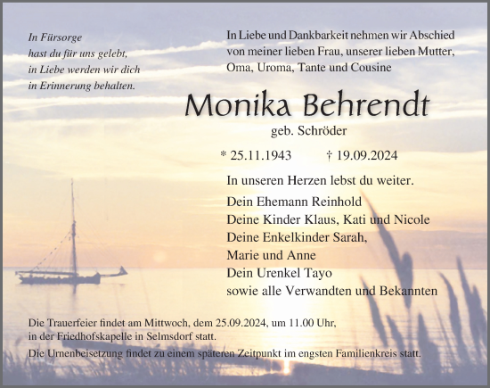 Traueranzeige von Monika Behrendt von Ostsee-Zeitung GmbH