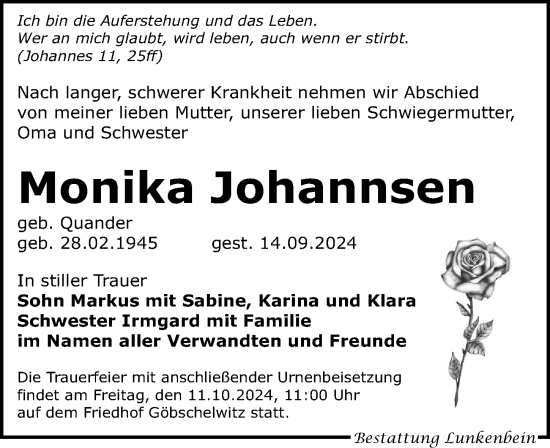 Traueranzeige von Monika Johannsen von Leipziger Volkszeitung