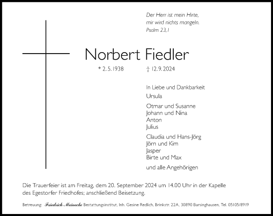 Traueranzeige von Norbert Fiedler von Hannoversche Allgemeine Zeitung/Neue Presse