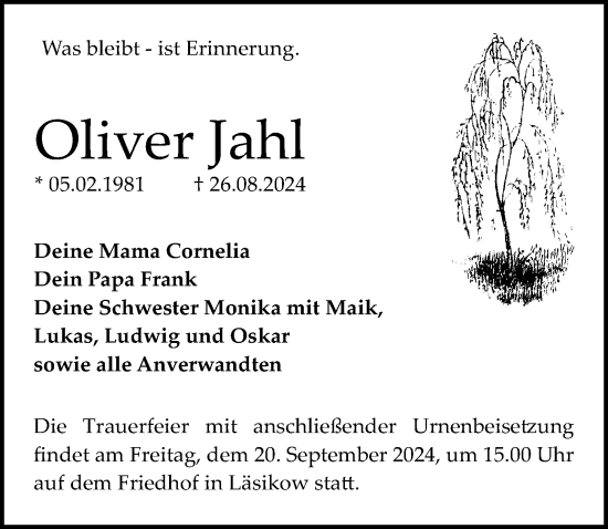 Traueranzeige von Oliver Jahl von Wochenspiegel