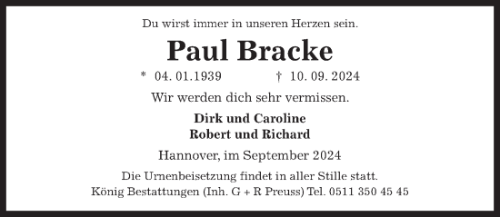 Traueranzeige von Paul Bracke von Hannoversche Allgemeine Zeitung/Neue Presse