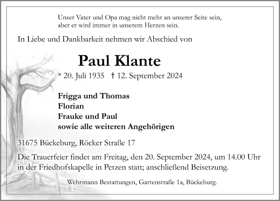 Traueranzeige von Paul Klante von Schaumburger Nachrichten