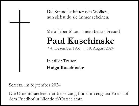 Traueranzeige von Paul Kuschinske von Lübecker Nachrichten