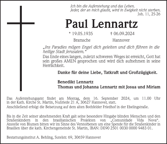 Traueranzeige von Paul Lennartz von Hannoversche Allgemeine Zeitung/Neue Presse