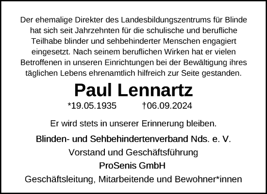 Traueranzeige von Paul Lennartz von Hannoversche Allgemeine Zeitung/Neue Presse