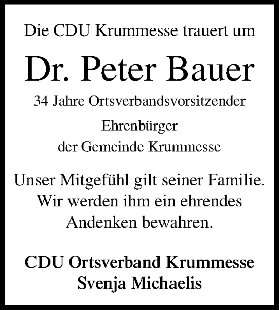 Traueranzeige von Peter Bauer von Lübecker Nachrichten