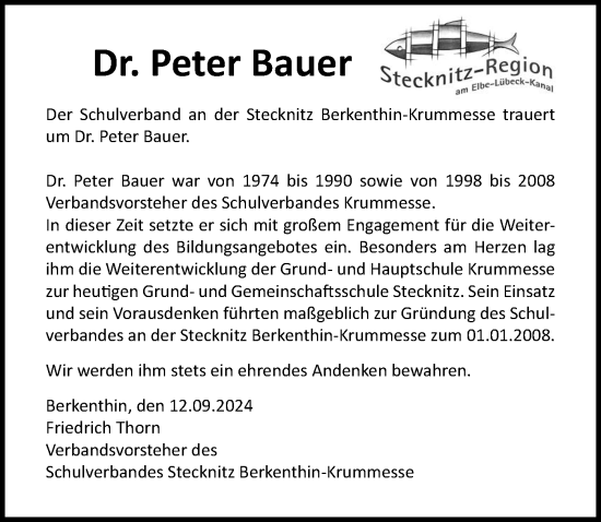 Traueranzeige von Peter Bauer von Lübecker Nachrichten