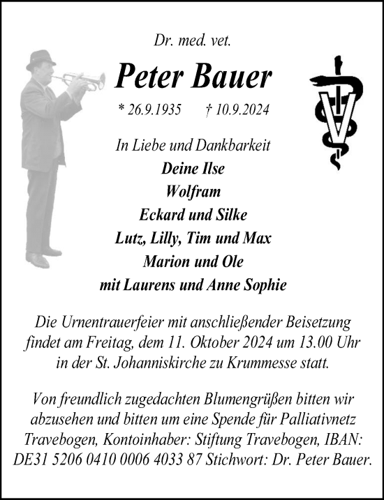 Traueranzeige von Peter Bauer von Lübecker Nachrichten