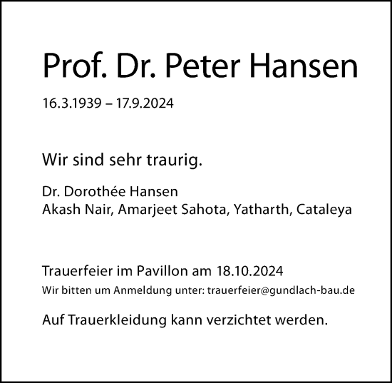 Traueranzeige von Peter Hansen von Hannoversche Allgemeine Zeitung/Neue Presse