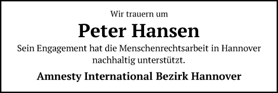 Traueranzeige von Peter Hansen von Hannoversche Allgemeine Zeitung/Neue Presse