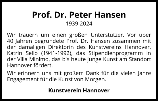 Traueranzeige von Peter Hansen von Hannoversche Allgemeine Zeitung/Neue Presse