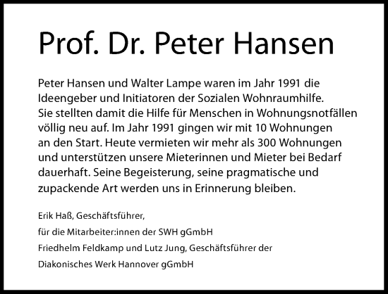 Traueranzeige von Peter Hansen von Hannoversche Allgemeine Zeitung/Neue Presse