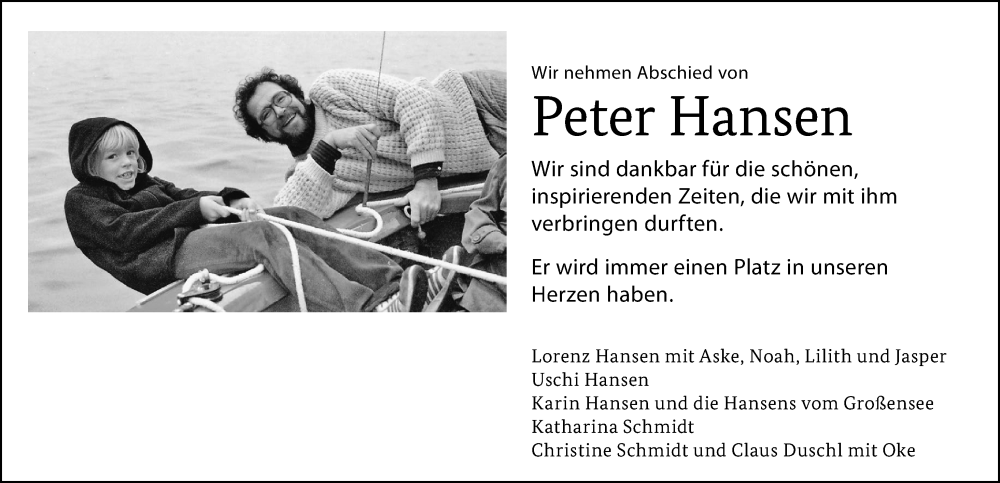  Traueranzeige für Peter Hansen vom 21.09.2024 aus Hannoversche Allgemeine Zeitung/Neue Presse