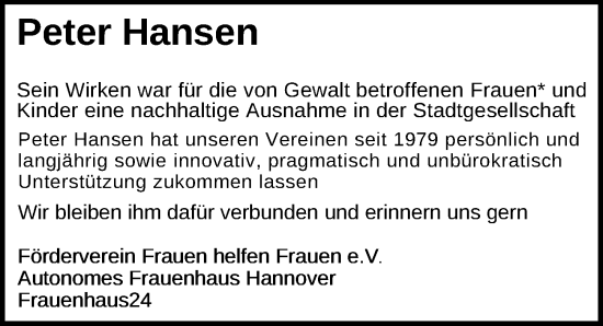 Traueranzeige von Peter Hansen von Hannoversche Allgemeine Zeitung/Neue Presse