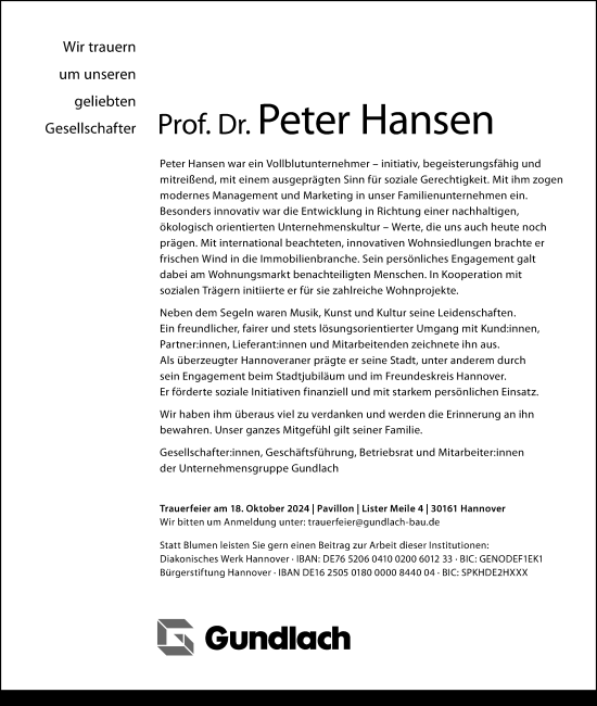 Traueranzeige von Peter Hansen von Hannoversche Allgemeine Zeitung/Neue Presse