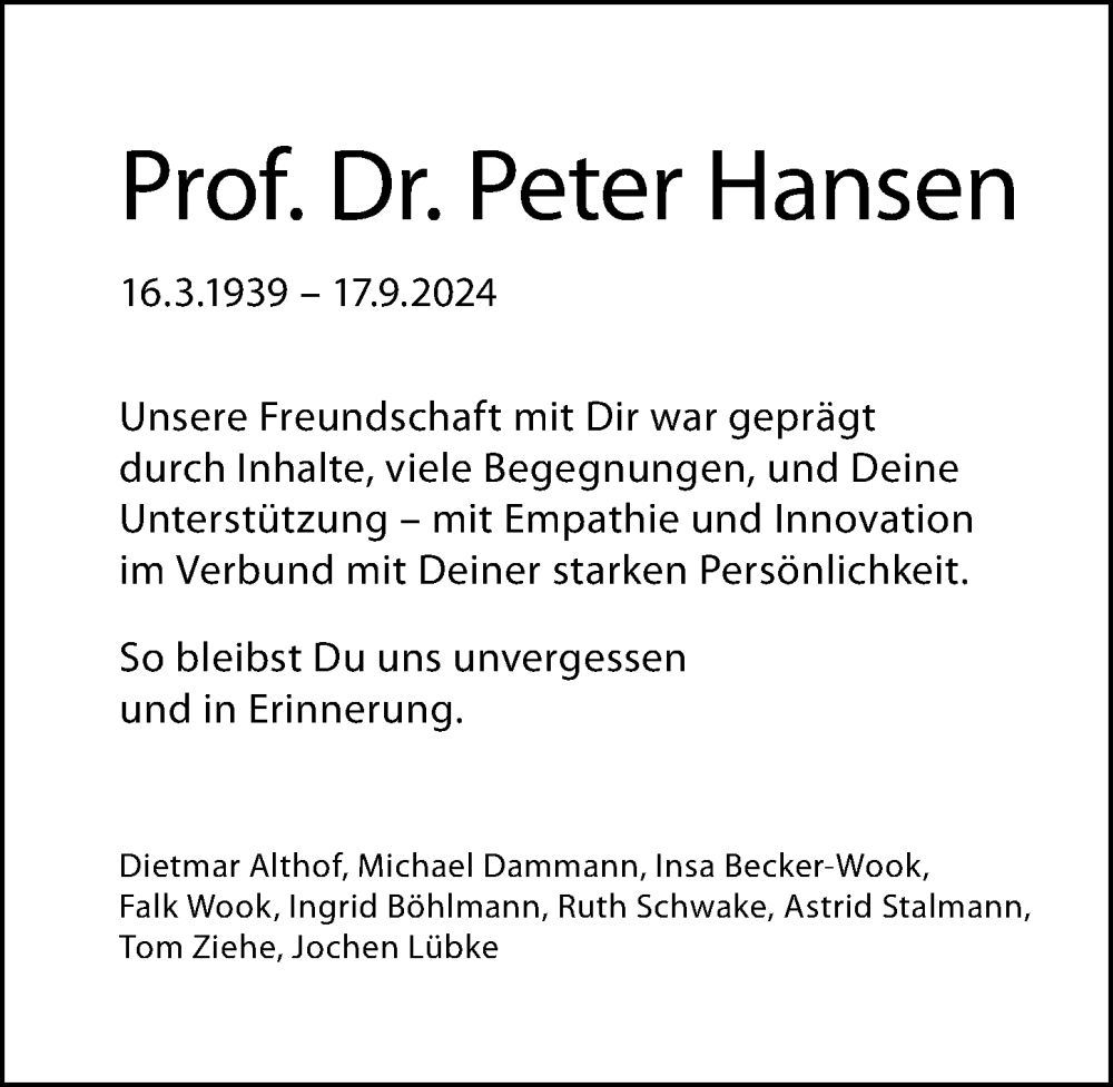  Traueranzeige für Peter Hansen vom 21.09.2024 aus Hannoversche Allgemeine Zeitung/Neue Presse