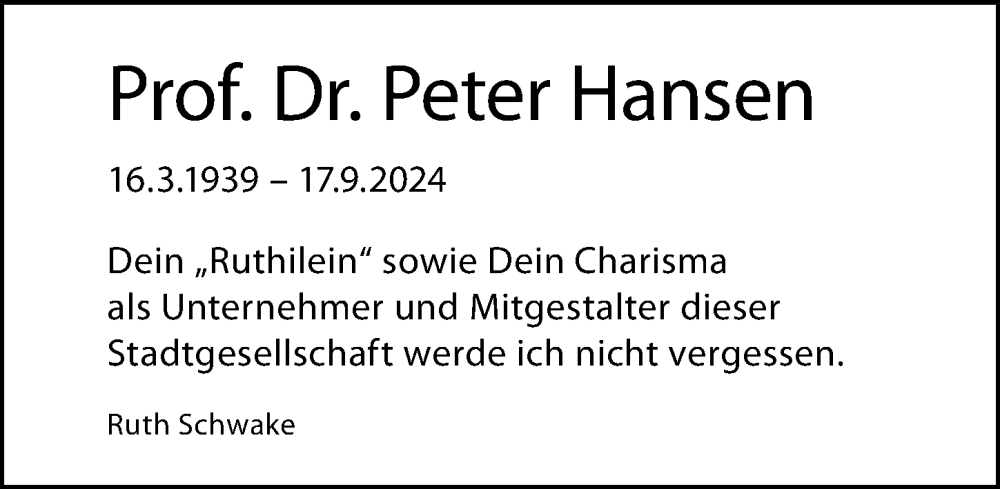  Traueranzeige für Peter Hansen vom 21.09.2024 aus Hannoversche Allgemeine Zeitung/Neue Presse