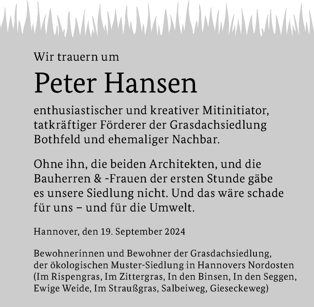  Traueranzeige für Peter Hansen vom 21.09.2024 aus Hannoversche Allgemeine Zeitung/Neue Presse