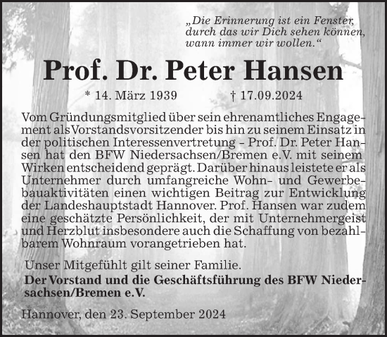 Traueranzeige von Peter Hansen von Hannoversche Allgemeine Zeitung/Neue Presse