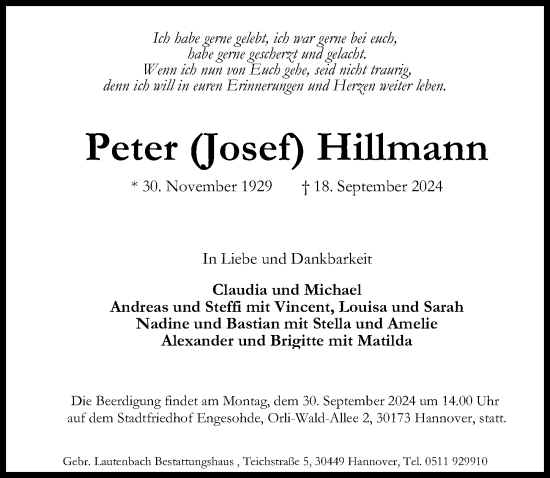 Traueranzeige von Peter Hillmann von Hannoversche Allgemeine Zeitung/Neue Presse