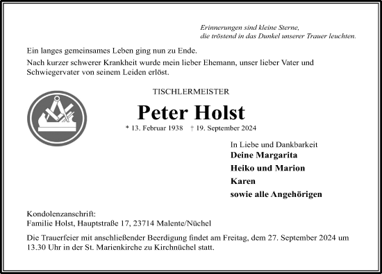 Traueranzeige von Peter Holst von Lübecker Nachrichten