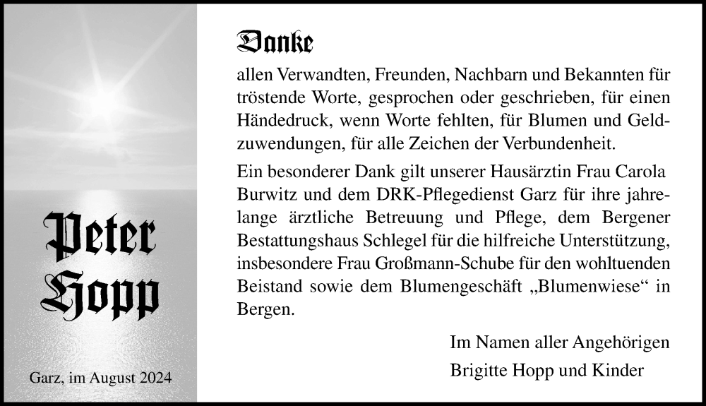  Traueranzeige für Peter Hopp vom 07.09.2024 aus Ostsee-Zeitung GmbH