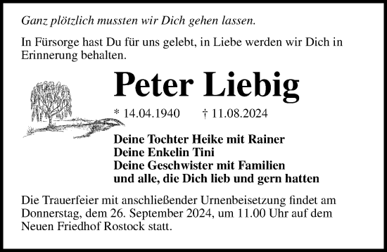 Traueranzeige von Peter Liebig von Ostsee-Zeitung GmbH