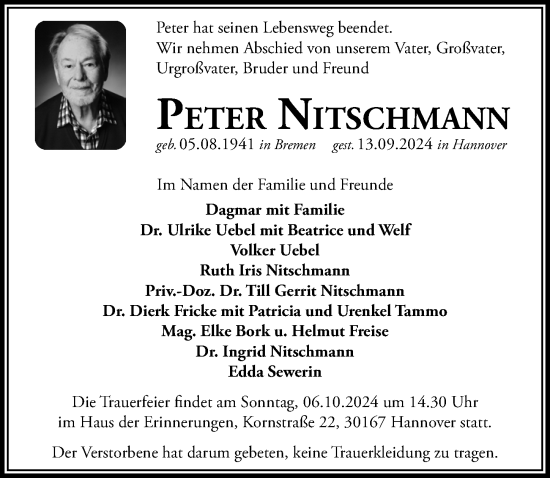 Traueranzeige von Peter Nitschmann von Hannoversche Allgemeine Zeitung/Neue Presse