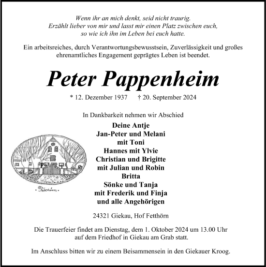 Traueranzeige von Peter Pappenheim von Kieler Nachrichten