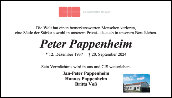 Traueranzeige von Peter Pappenheim von Kieler Nachrichten