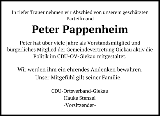 Traueranzeige von Peter Pappenheim von Kieler Nachrichten