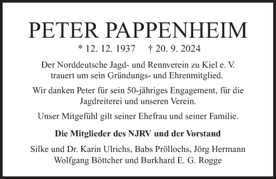 Traueranzeige von Peter Pappenheim von Kieler Nachrichten