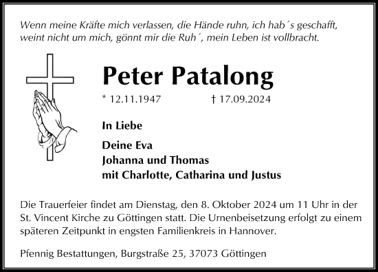 Traueranzeige von Peter Patalong von Göttinger Tageblatt