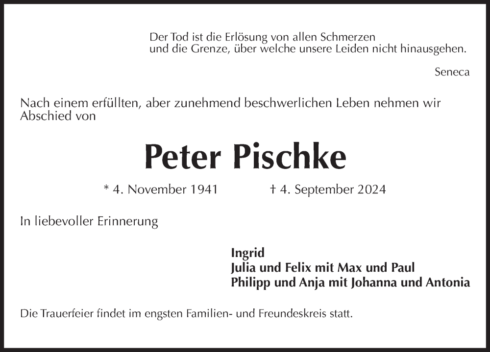  Traueranzeige für Peter Pischke vom 14.09.2024 aus Hannoversche Allgemeine Zeitung/Neue Presse