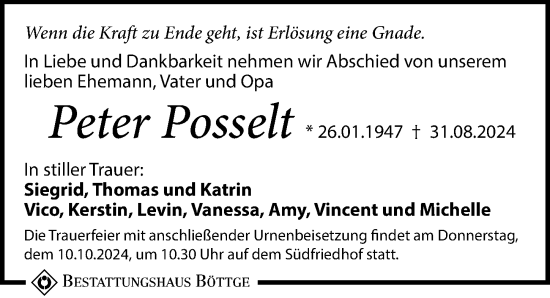 Traueranzeige von Peter Posselt von Leipziger Volkszeitung